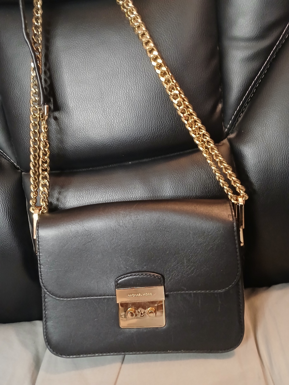 Michael Kors Black Leather Shoulder Bag with Adjustable Gold Chain